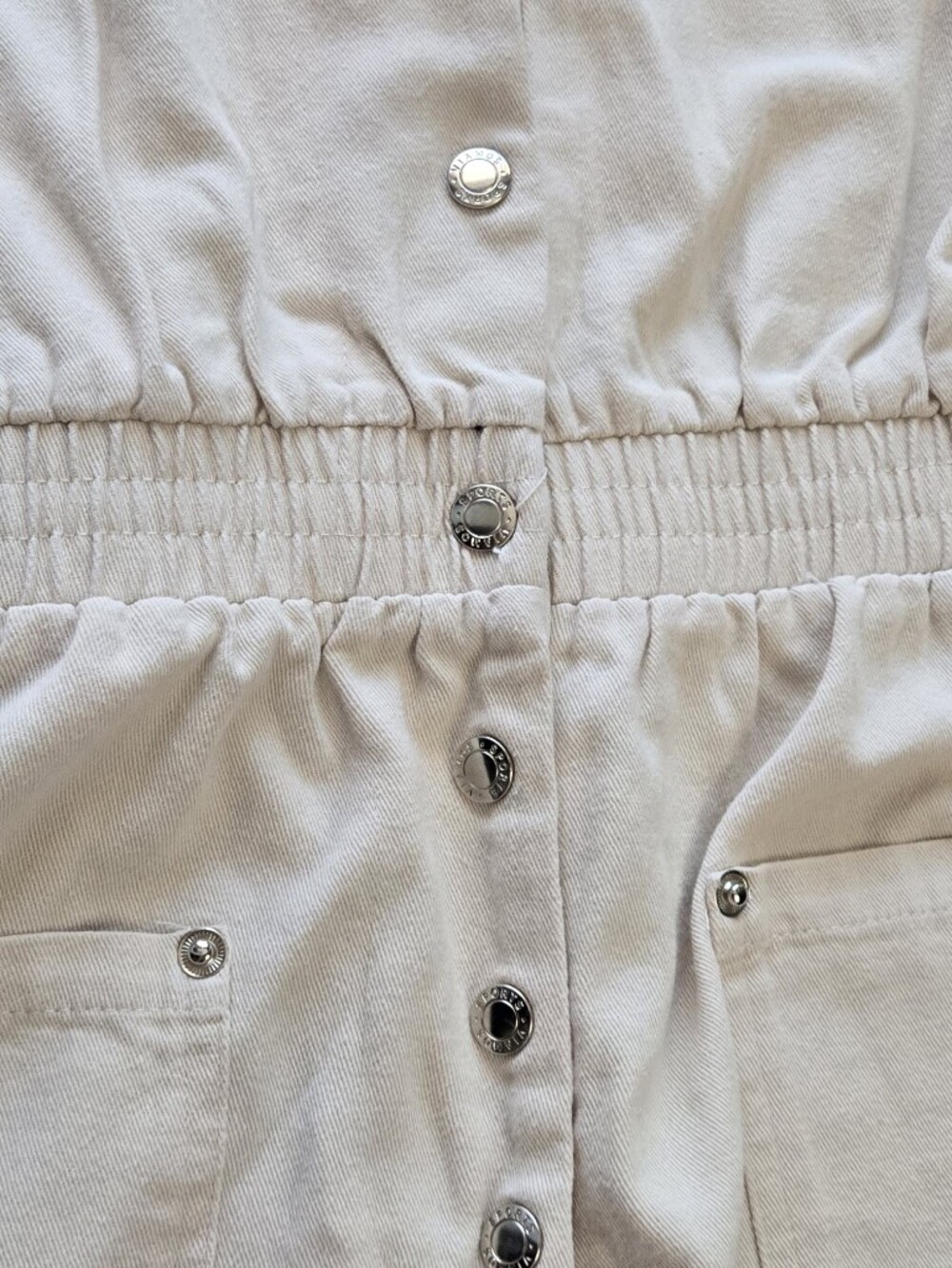 ChouYatou Short-Sleeve Button Romper in Light Beige - Picture 6 of 11